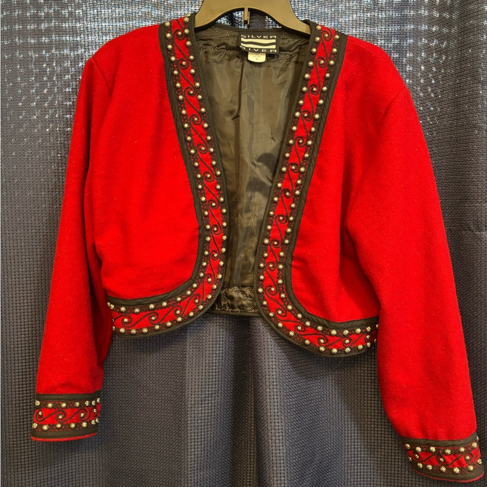 Red Wool Bolero Jacket with Silver Studs Black Stitching Acetate Lining Cropped
